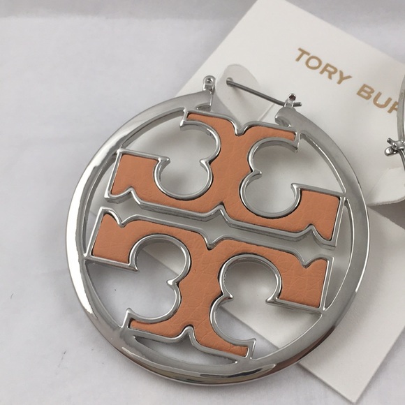 Tory Burch Miller Hoop Silver/Orange Logo Earrings - Picture 6 of 7
